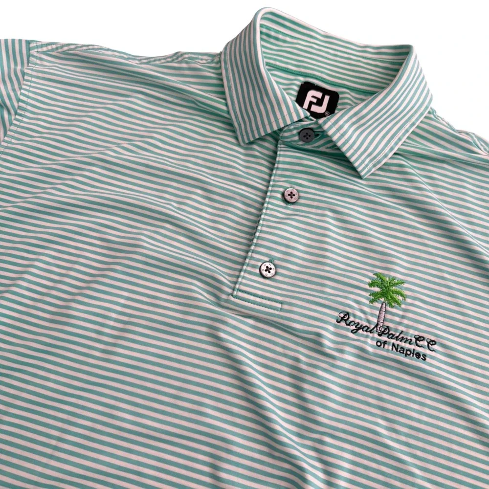 FootJoy Mens XL Striped Golf Polo Royal Palm CC Naples Green White‎ Short Sleeve